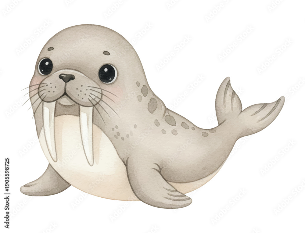 Fototapeta premium Cute baby walrus with large white tusks lying down showing a happy and friendly expression in watercolor style