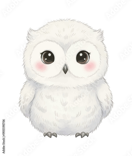 Adorable fluffy white owl with big round eyes and pink cheeks looking directly at viewer with a cute expression