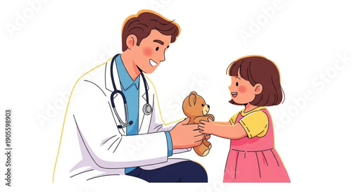 A kind doctor shares a teddy bear with a smiling young patient in a heartwarming illustration of pediatric care and childhood health