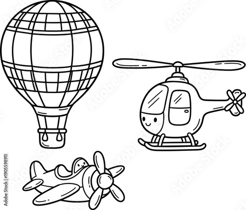 vector illustration of a hot air balloon, helicopter, plane