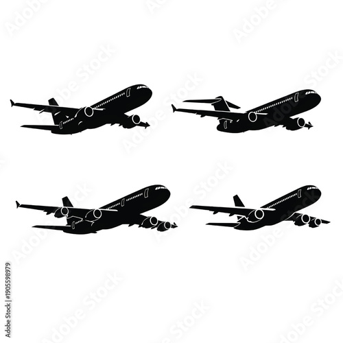 Four black airplanes flying in different directions against a clean background, showcasing various viewpoints