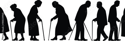 Elderly people silhouettes walking with canes, aging population concept, senior mobility healthcare retirement illustration, isolated white background vector elderly seniors