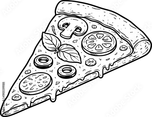 Vector outline illustration of pizza slice with toppings in hand drawn engraving style. Italian fast food icon for menu design, restaurant branding, logo and packaging. EPS vector isolated on white.