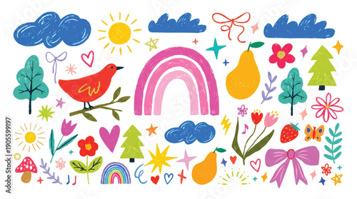 colorful whimsical illustration of various cute cartoon objects and symbols on white background