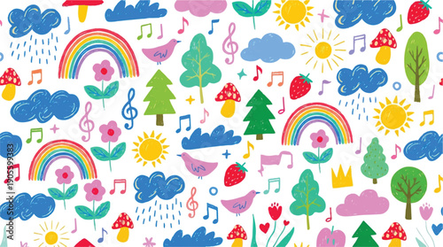 colorful whimsical illustration of various nature and music elements on white background