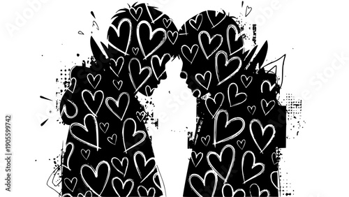 Black and white grunge silhouette graphic featuring two facing figures filled with numerous hand drawn sketchy white hearts symbolizing deep emotional connection and abstract romance