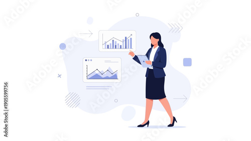 Business Woman Analyzing Financial Charts on Digital Tablet