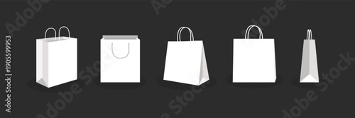 Set of white Paper bag with handle mockup. Flat vector illustration isolated on black background.  EPS10.