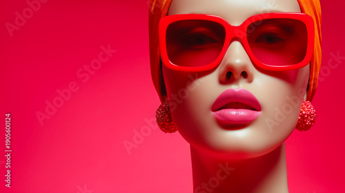 Bold fashion portrait of a woman wearing oversized red sunglasses against a vibrant red background.