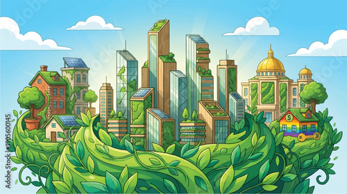 Eco friendly cityscape with green buildings and solar panels on a sunny day with blue sky