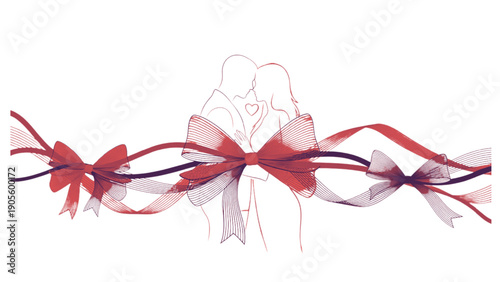 Romantic couple silhouette design embracing intimately framed by decorative flowing ribbons and stylized deep red gift bow accents for love celebration