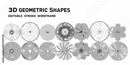 Collection of grayscale 3d geometric shapes and editable wireframe designs