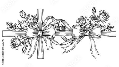 Elegant black and white engraving style cross ribbon and detailed rose floral arrangement border design element for religious or memorial art decoration