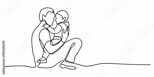 A continuous line drawing depicts a mother tenderly embracing her baby