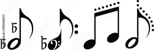 Musical note icon variations with flat, dotted and stylized symbols, black vector music notation elements isolated on white background