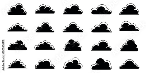 Stylized graphic cloud icon set featuring various dark cloud shapes with white outlines for weather and web design elements