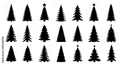 Graphic Christmas tree set featuring various pine shapes and star toppers for holiday decoration