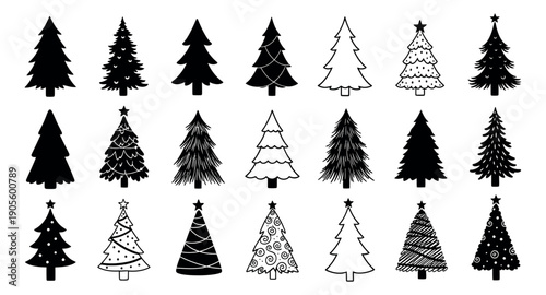 Decorative hand drawn christmas tree set featuring silhouettes and line art for festive design