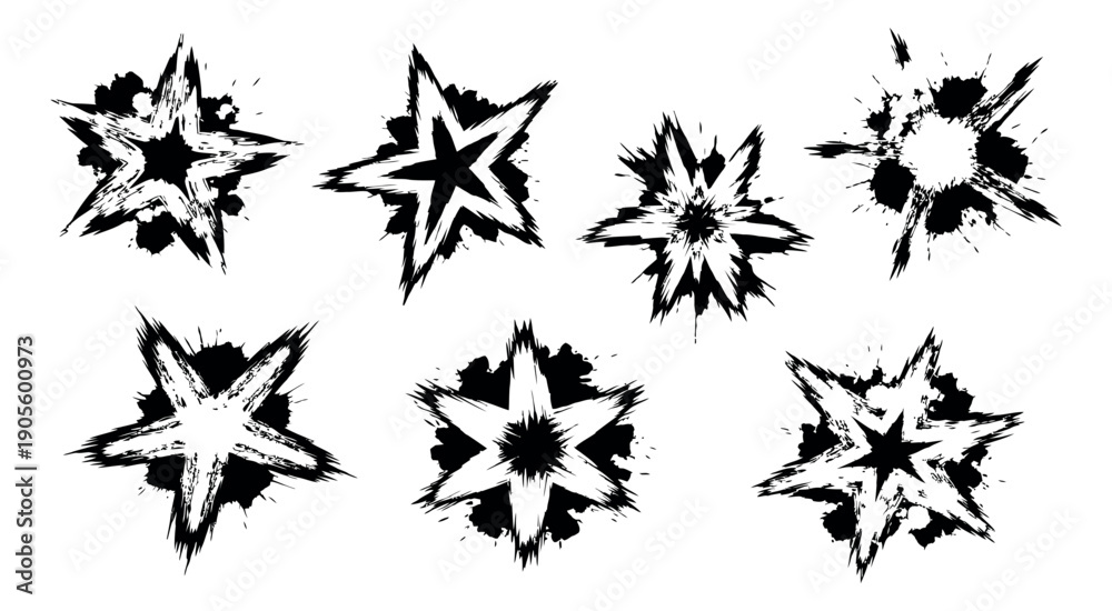 Fototapeta premium Hand drawn grunge starburst set featuring abstract ink splatters for graphic design elements