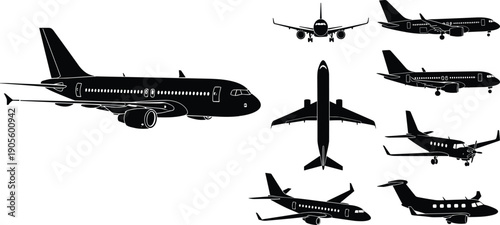Passenger airplane silhouettes set with commercial aircraft shown from side, top and front views, aviation transport, airline travel concept, isolated black planes