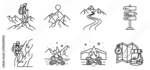 Line art hiking and camping icons set featuring hikers, mountains, campfires, and navigation elements for outdoor adventure and exploration