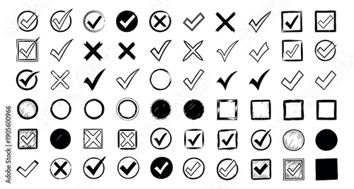 Hand drawn sketch check and cross marks set featuring various tick, x, and blank box elements for user interface and task management