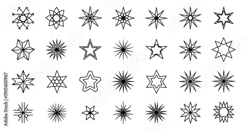 Line art geometric star shapes set featuring a variety of outlined and abstract designs for holiday decorations and user interface