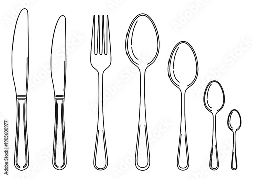 Hand drawn cutlery set featuring knives, a fork, and spoons for dining and kitchen needs