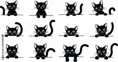 Black and white vector silhouettes of cute black cats peeking over a border, set of twelve kitten faces, isolated icons,