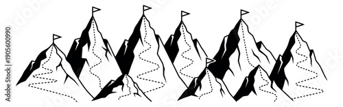 Line art mountain set featuring peaks with flags and climbing paths for achievement and goal setting