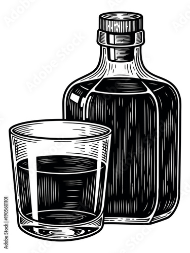 Woodcut line art beverage set featuring a bottle and a glass of liquor for bar and distillery branding