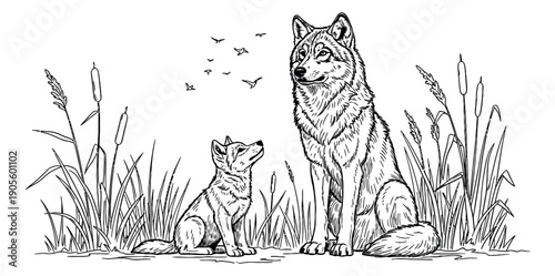 Hand drawn line art illustration of a wolf and a cub depicting them sitting in tall grass for a wilderness scene