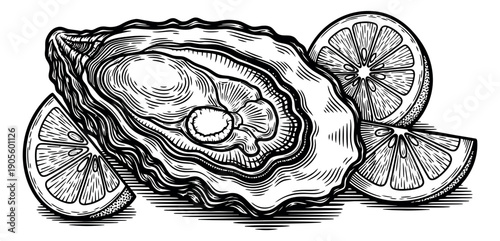Engraving style illustration of an oyster and lemon slices depicting fresh seafood for a restaurant menu
