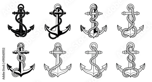 Nautical anchor set featuring black and outline designs with ropes for marine themes