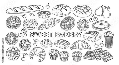 Hand drawn line art sweet bakery food set featuring donuts, croissants, bread, muffins, and tarts for cafe menus