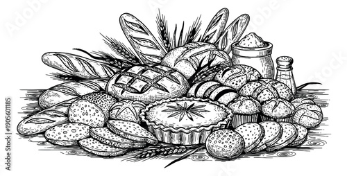 Hand drawn line art bakery set featuring fresh bread, pastries, wheat, and flour for food design