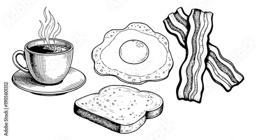 Hand drawn line art breakfast food set featuring a cup of coffee, fried egg, bacon, and toast for morning meal design
