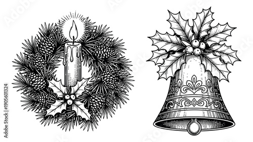 Vintage hand drawn line art Christmas ornament set featuring a festive wreath with a burning candle and a decorated bell with holly for seasonal holiday designs