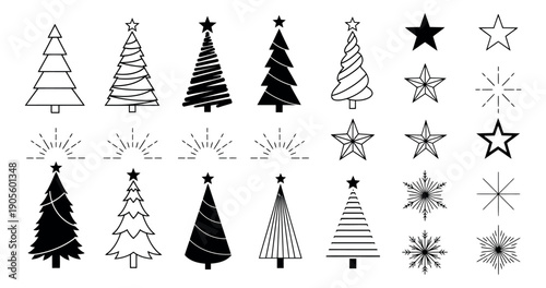 Minimalist Christmas icon set featuring trees, stars, and snowflakes for festive designs