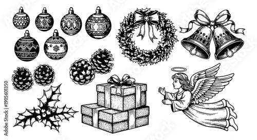 Hand drawn line art Christmas elements set featuring festive ornaments, pinecones, holly, a wreath, bells, gifts, and an angel for winter holiday designs