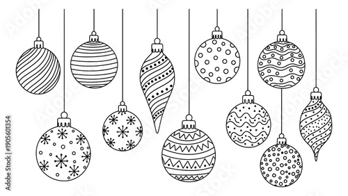 Hand drawn line art Christmas ornament set featuring various patterned hanging baubles for festive holiday decoration