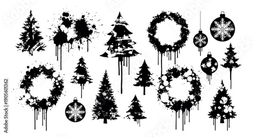 Ink splash grunge style Christmas elements set featuring trees, wreaths, and decorative baubles for winter holiday designs