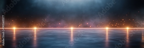 Panel kuchenny z motywem Futuristic Neon Horizon Over Reflective Water Surface with Glowing Particles