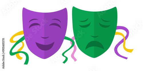 Mardi Gras comedy and tragedy theater masks with colorful ribbons in purple and green. Drama theatrical masks vector illustration isolated