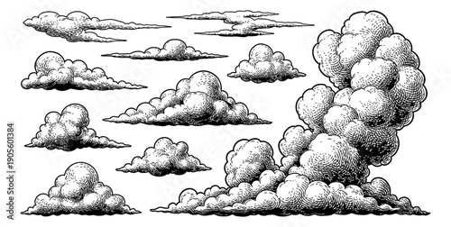 Hand drawn line art clouds set featuring various detailed shapes for weather and sky designs