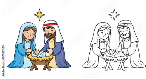 Christmas Nativity Scene Vector Illustration with Mary, Joseph, and Baby Jesus in Manger. Cute Cartoon Style for Coloring Book Page. Color and Black and White Outline Set.