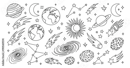 Hand drawn line art space elements set featuring planets, stars, moons, galaxies, and comets for astronomy and science education