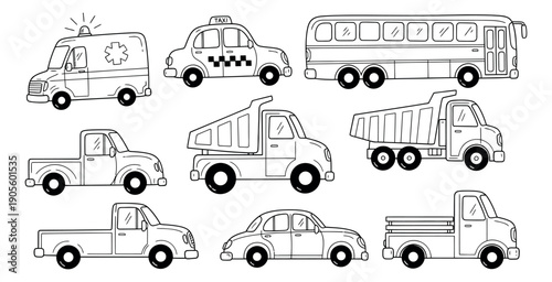 Hand drawn line art transport set featuring common road vehicles for children's projects