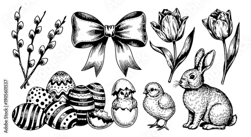 Hand drawn line art Easter set featuring pussy willow branches, ribbon, tulips, bunny, chicks, and decorative eggs for spring celebrations