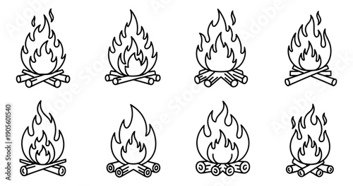 Line art campfire icon set featuring various burning logs and flames for outdoor and camping designs